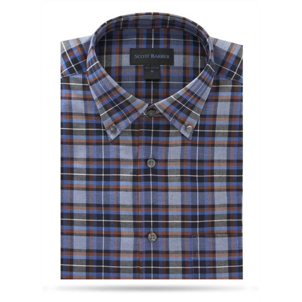 NEW SCOTT BARBER men's check long-sleeve sport shirt in black, mid blue, brown &